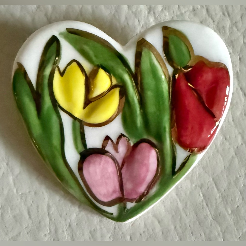 Ceramic Heart-Shaped Floral Tulip Mbrooch - Red Pink Yellow Green Gold Accent